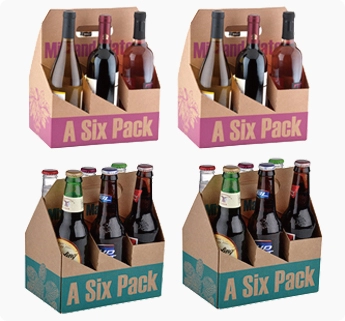 four pack, six pack beer bottle carrier, holder, custom corrugated carrying box